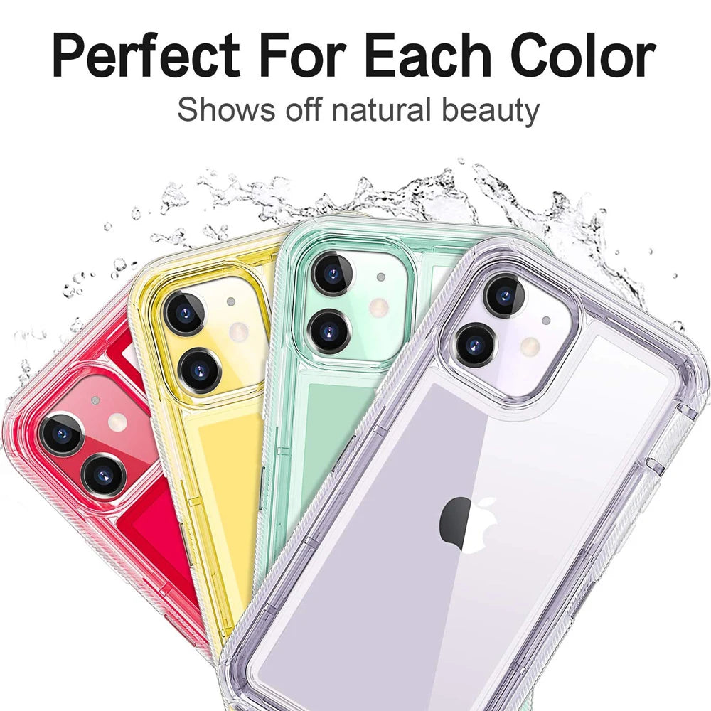 3 IN1 For iPhone 16 15 11 12 13 14 Pro Max MINI XR XSMAX  X  XS SE 7 8 6 6S Plus Heavy Duty Transparent Shockproof Armor Case