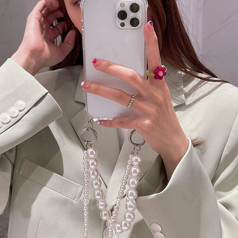 Korean Pearl Bracelets Chain Case with Lanyard Aesthetic Luxury Case for iPhone 11 12 13 14 15 16 Pro Max  Back Cover