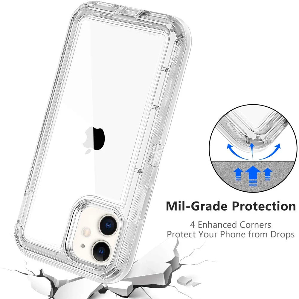 3 IN1 For iPhone 16 15 11 12 13 14 Pro Max MINI XR XSMAX  X  XS SE 7 8 6 6S Plus Heavy Duty Transparent Shockproof Armor Case