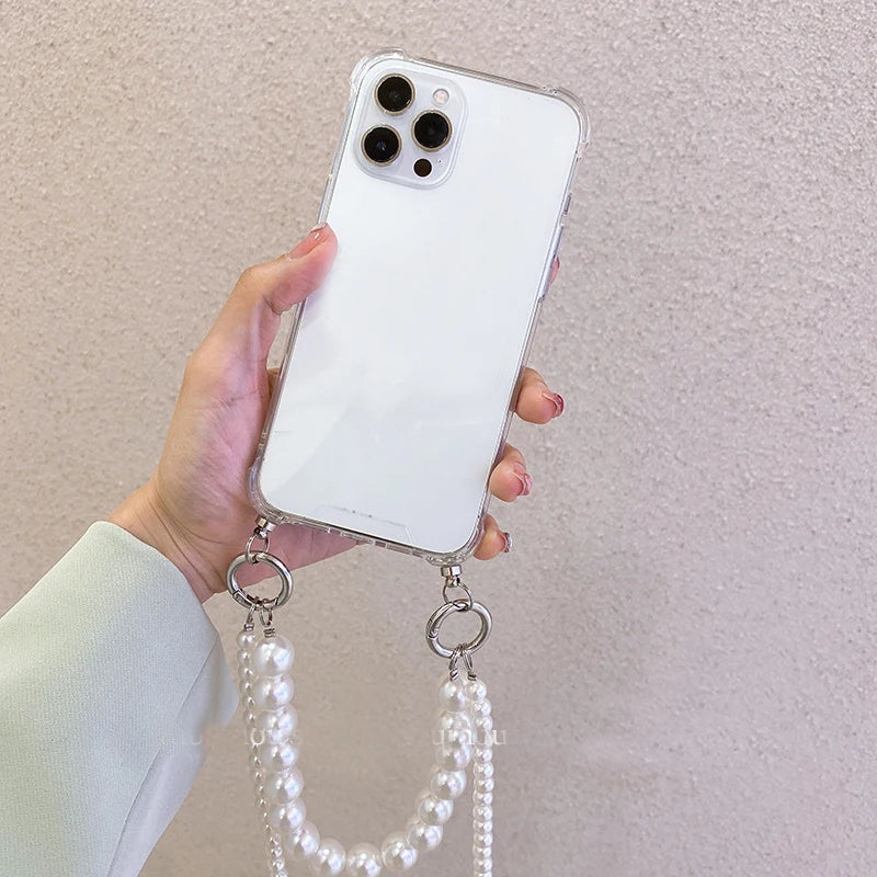 Korean Pearl Bracelets Chain Case with Lanyard Aesthetic Luxury Case for iPhone 11 12 13 14 15 16 Pro Max  Back Cover