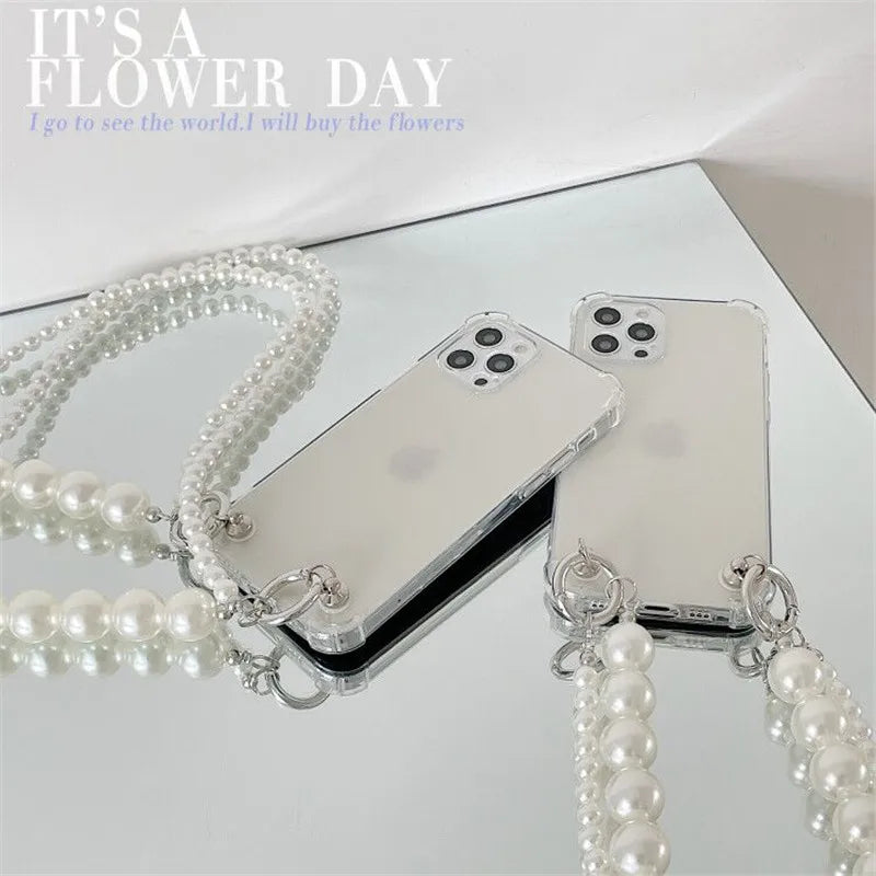 Korean Pearl Bracelets Chain Case with Lanyard Aesthetic Luxury Case for iPhone 11 12 13 14 15 16 Pro Max  Back Cover