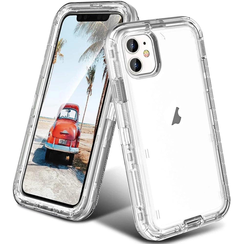 Discount 3 IN1 For iPhone 16 15 11 12 13 14 Pro Max MINI XR XSMAX  X  XS SE 7 8 6 6S Plus Heavy Duty Transparent Shockproof Armor Case sale