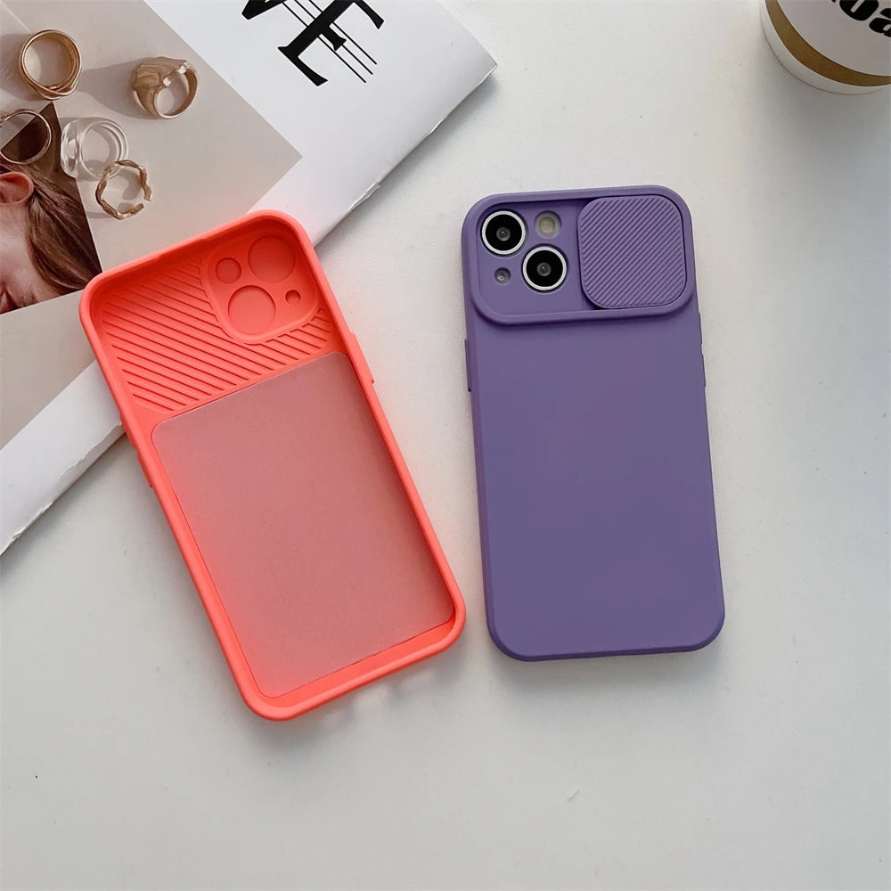 Slide Camera Protection Candy Color Soft Silicone Phone Case For iPhone 16 15 14 13 12 11 Pro XS Max X XR 7 8 Plus Bumper Cover