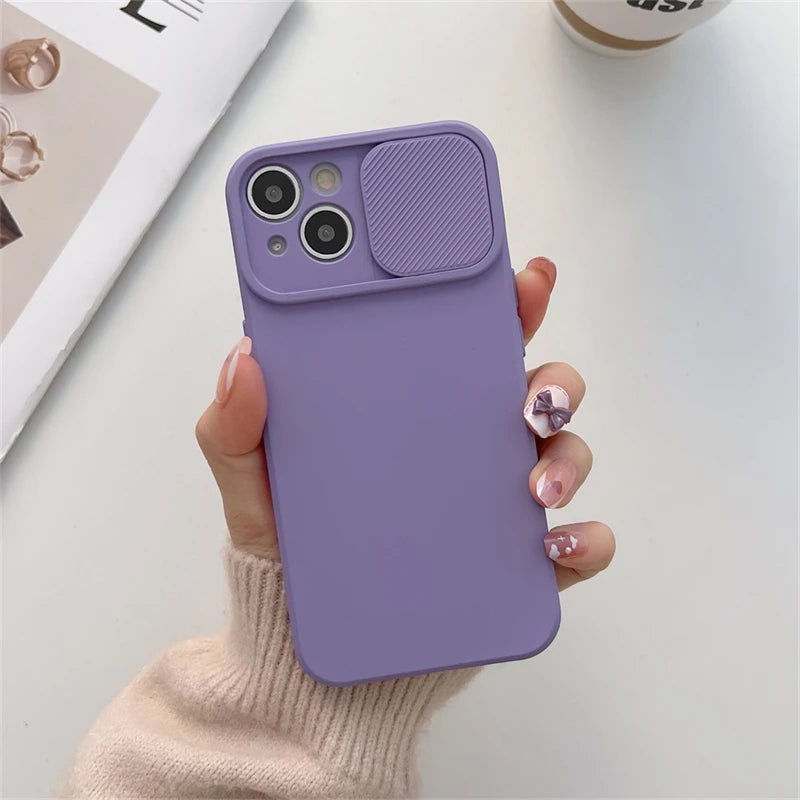 Slide Camera Protection Candy Color Soft Silicone Phone Case For iPhone 16 15 14 13 12 11 Pro XS Max X XR 7 8 Plus Bumper Cover