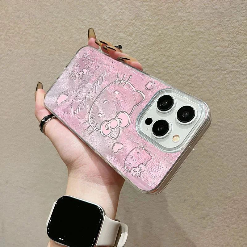 Original Pink Hello Kitty Phone Case for iPhone 16 15 14 Plus 13 12 11 Pro Max X Xs XR 8 Feather Texture Hard Cover with Holder