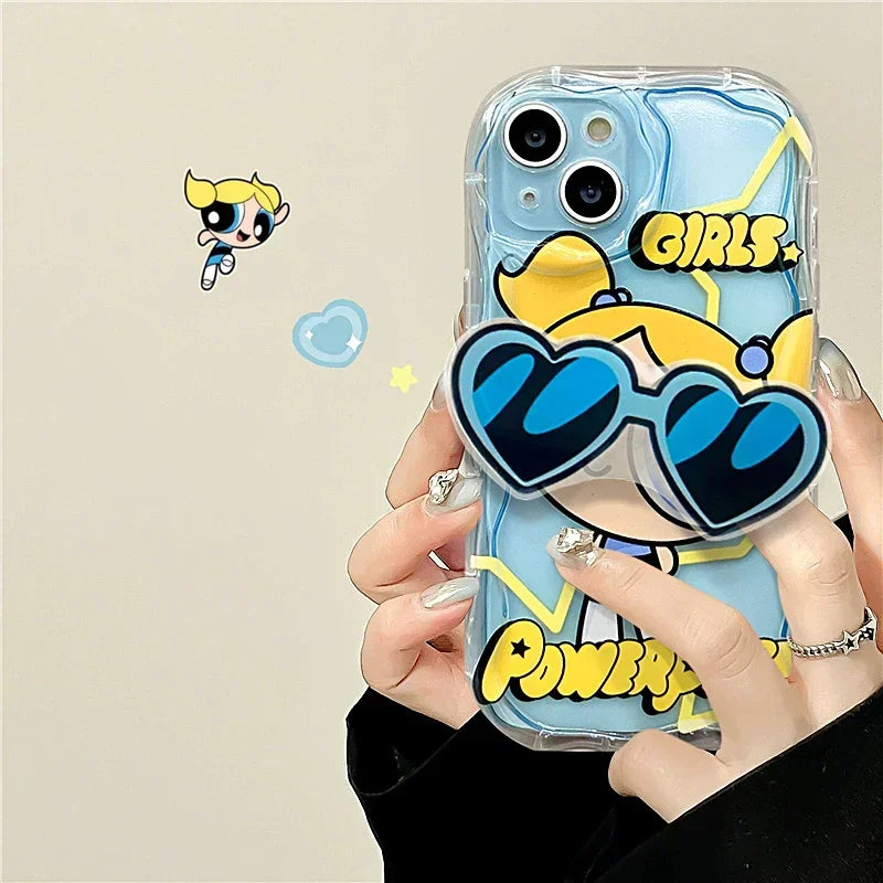 The Powerpuff Girls Glasses Stand Case for iPhone 15 14 11 Pro Max 13 12 Mini XR XS X 8 7 6 6S Plus SE 2020 Soft Silicone Cover