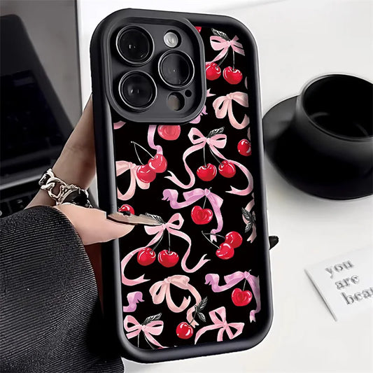 Discount Cute Phone Cover Case For iPhone 15 Case iPhone 11 13 12 14 16 Pro Max XR XS 7 8 Plus SE Shockproof Bumper Cherry Bowknot Cover  sale