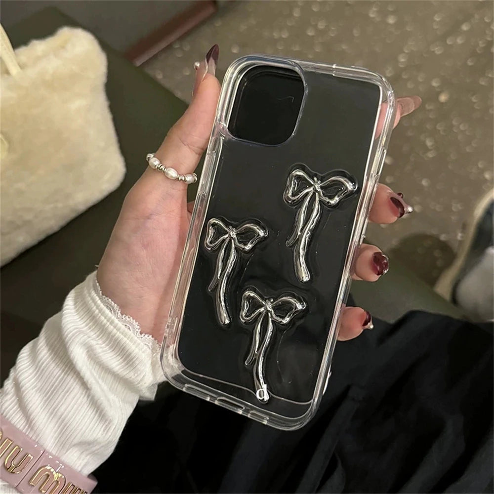 Aesthetics Stylish 3D Metal Bowknot Phone Case For iPhone 16 15 14 13 12 11 Pro Max Mini XR 7 8 Plus SE Clear Cover Epoxy Shell