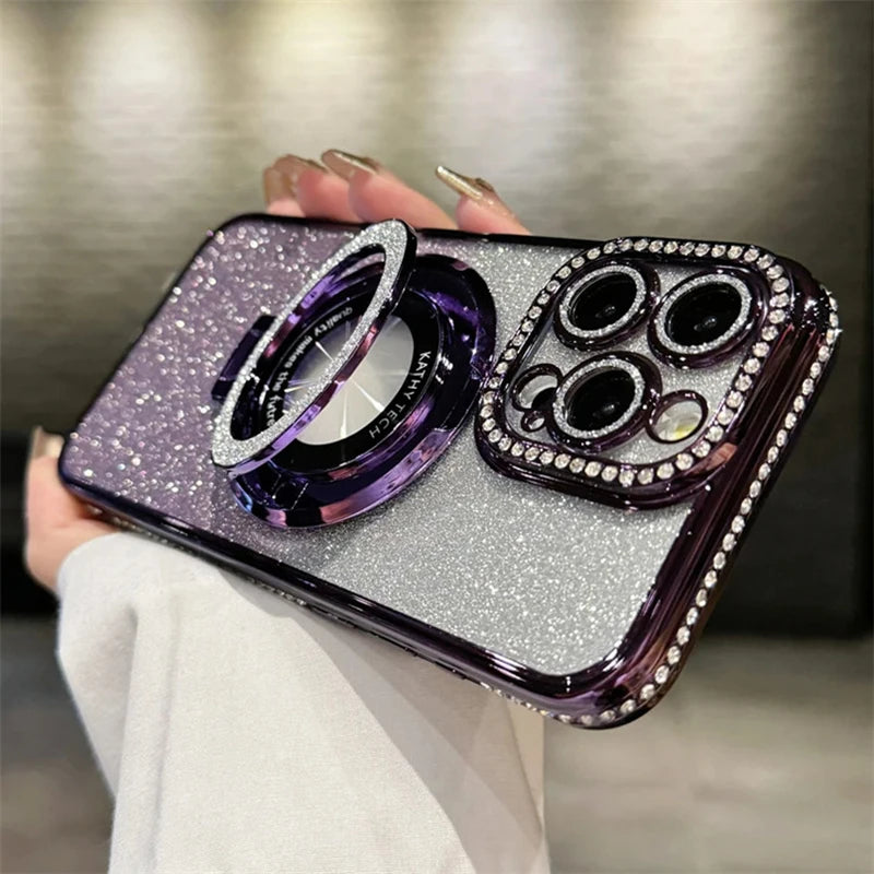 Luxury Plating For Magsafe Magnetic Stand Holder Glitter Diamond Case For iPhone 16 15 11 12 13 14 Pro Max Soft Silicone Cover