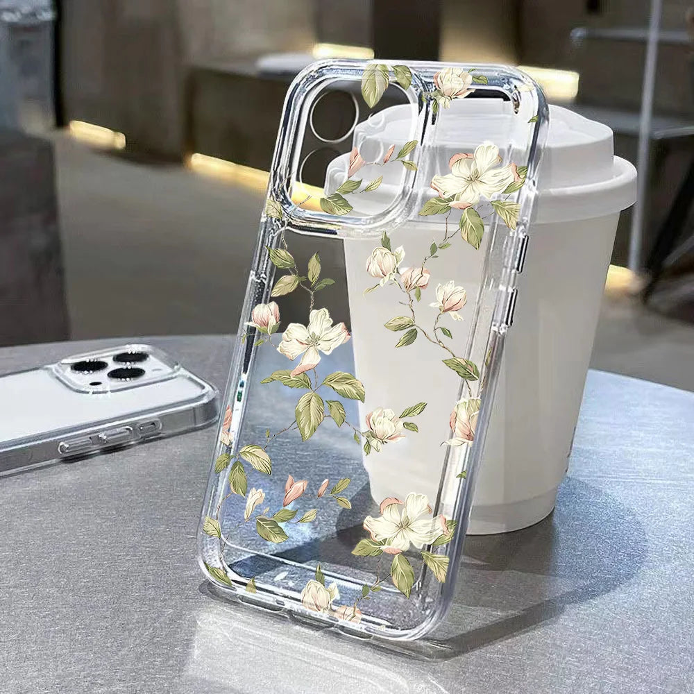 Transparent Flower Phone Case For iPhone 11 Case for iPhone 13 12 14 16 15 Pro Max XR XS X 7 8 SE Aesthetic Floral Cover Funda