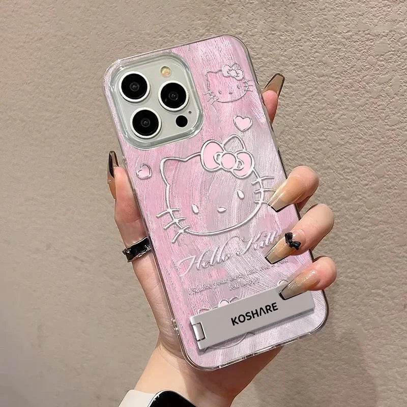 Discount Original Pink Hello Kitty Phone Case for iPhone 16 15 14 Plus 13 12 11 Pro Max X Xs XR 8 Feather Texture Hard Cover with Holder sale