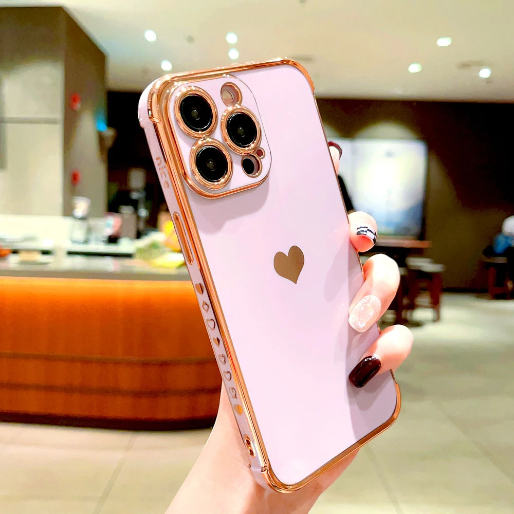 Plating Silicone Soft Case For iPhone 16 15 14 13 12 11 Pro Max XS X XR 8 7 Plus SE 2020 16Pro 15Pro iPhone15 Love Heart Cover