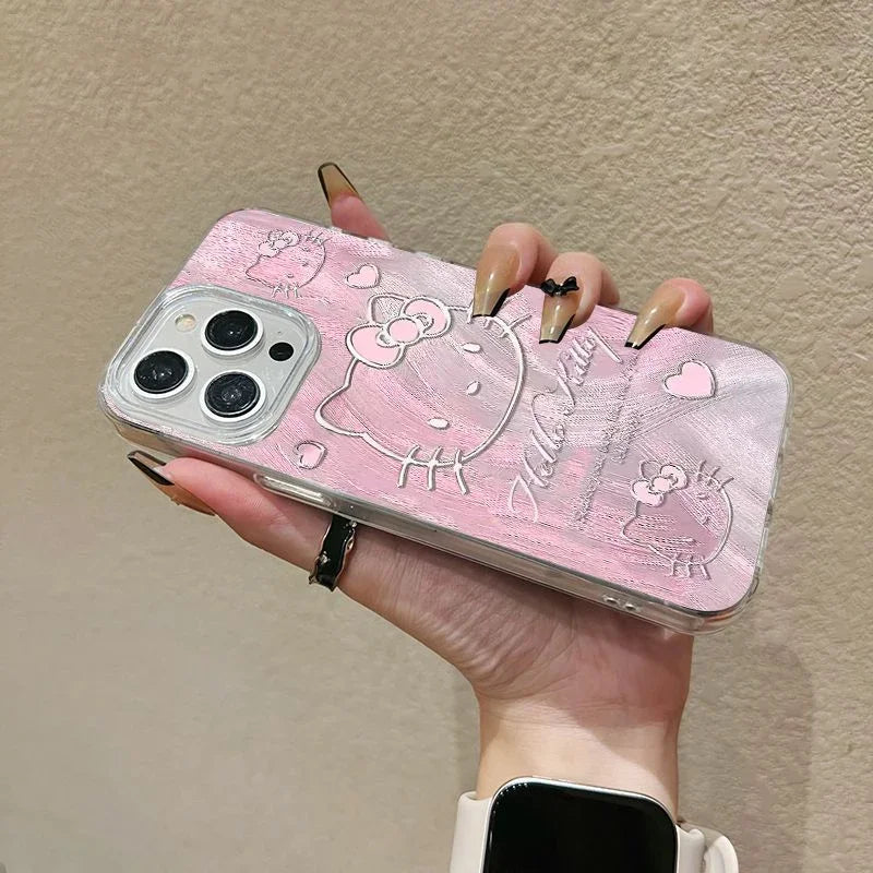 Original Pink Hello Kitty Phone Case for iPhone 16 15 14 Plus 13 12 11 Pro Max X Xs XR 8 Feather Texture Hard Cover with Holder