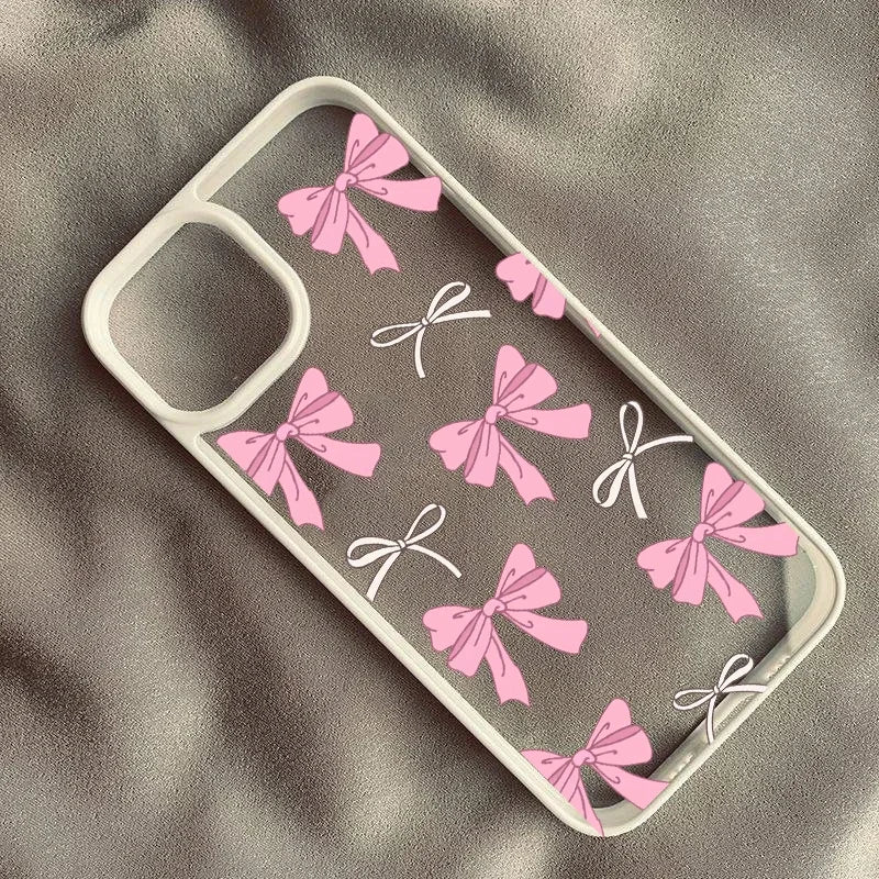 Lovely Pink Bow Phone Case For iPhone 14 Pro Max 15 13 16 12 Mini 11 XR XS X 7Plus INS Korean Bowknot Shockproof Hard Cover Capa