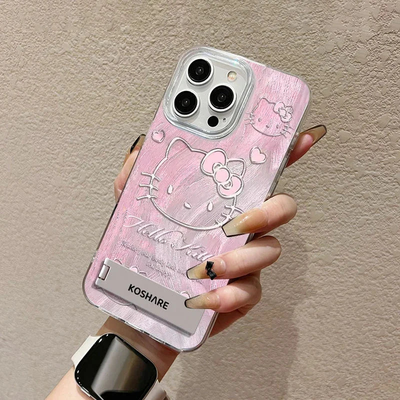 Original Pink Hello Kitty Phone Case for iPhone 16 15 14 Plus 13 12 11 Pro Max X Xs XR 8 Feather Texture Hard Cover with Holder