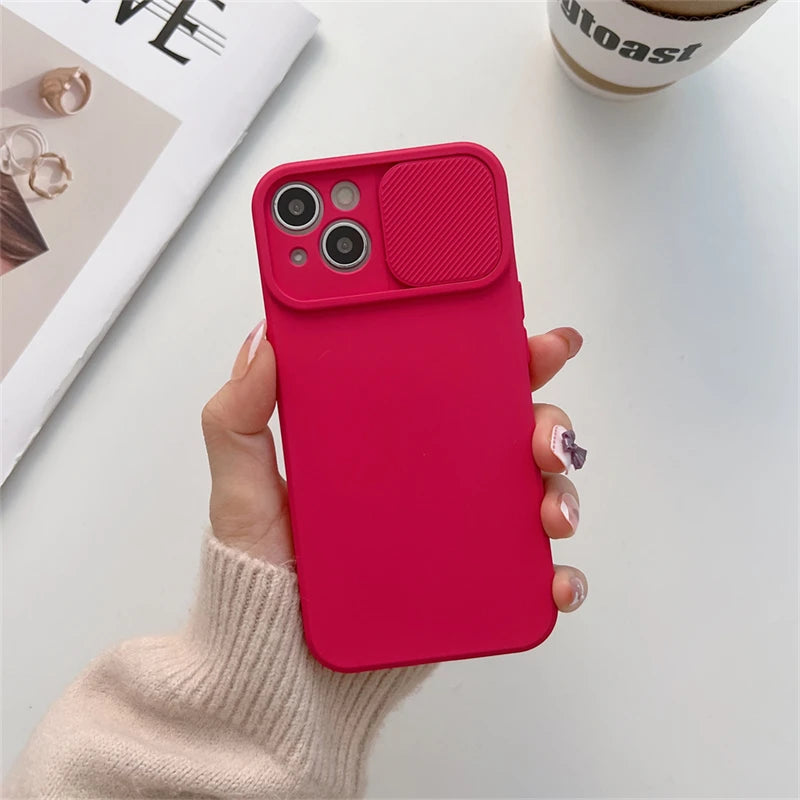 Slide Camera Protection Candy Color Soft Silicone Phone Case For iPhone 16 15 14 13 12 11 Pro XS Max X XR 7 8 Plus Bumper Cover