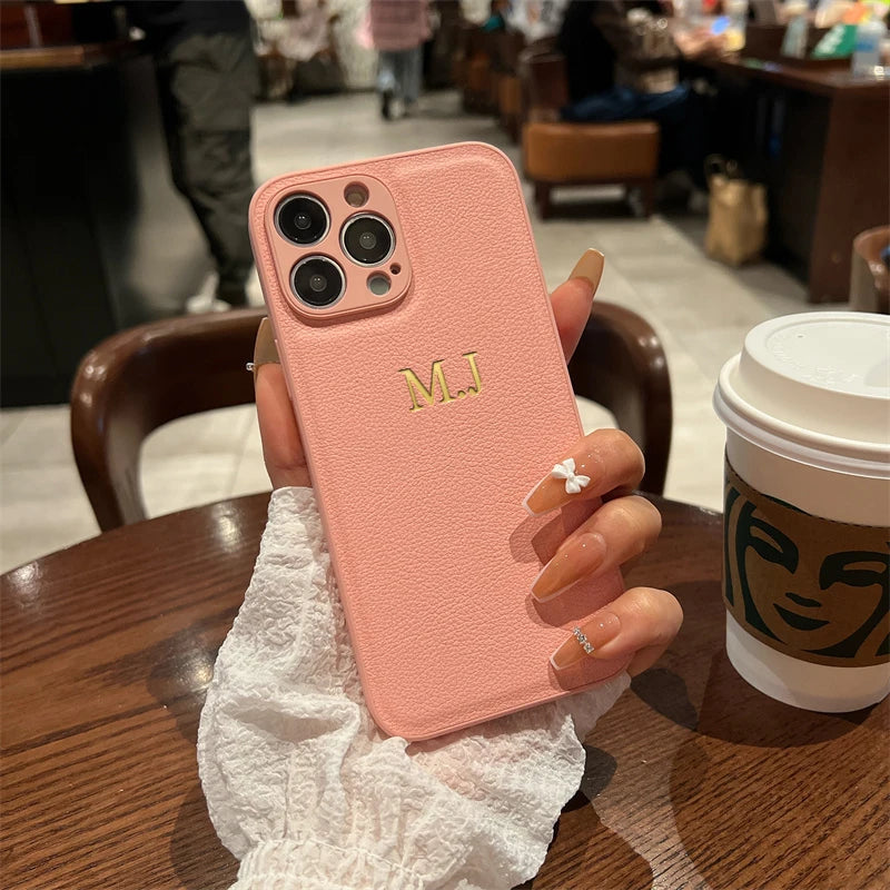 Personalized Leather Case For iPhone 16 15 14 Pro Pro Max 11 12 13 XS Max Customized Name Initials Cases 15 14 13 12 11 pro Max