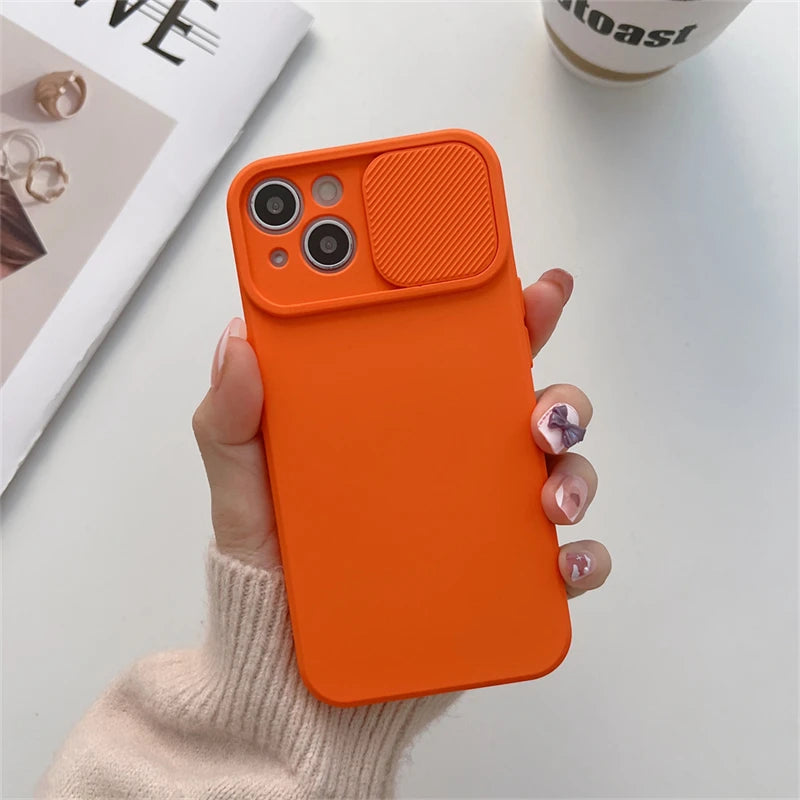 Slide Camera Protection Candy Color Soft Silicone Phone Case For iPhone 16 15 14 13 12 11 Pro XS Max X XR 7 8 Plus Bumper Cover