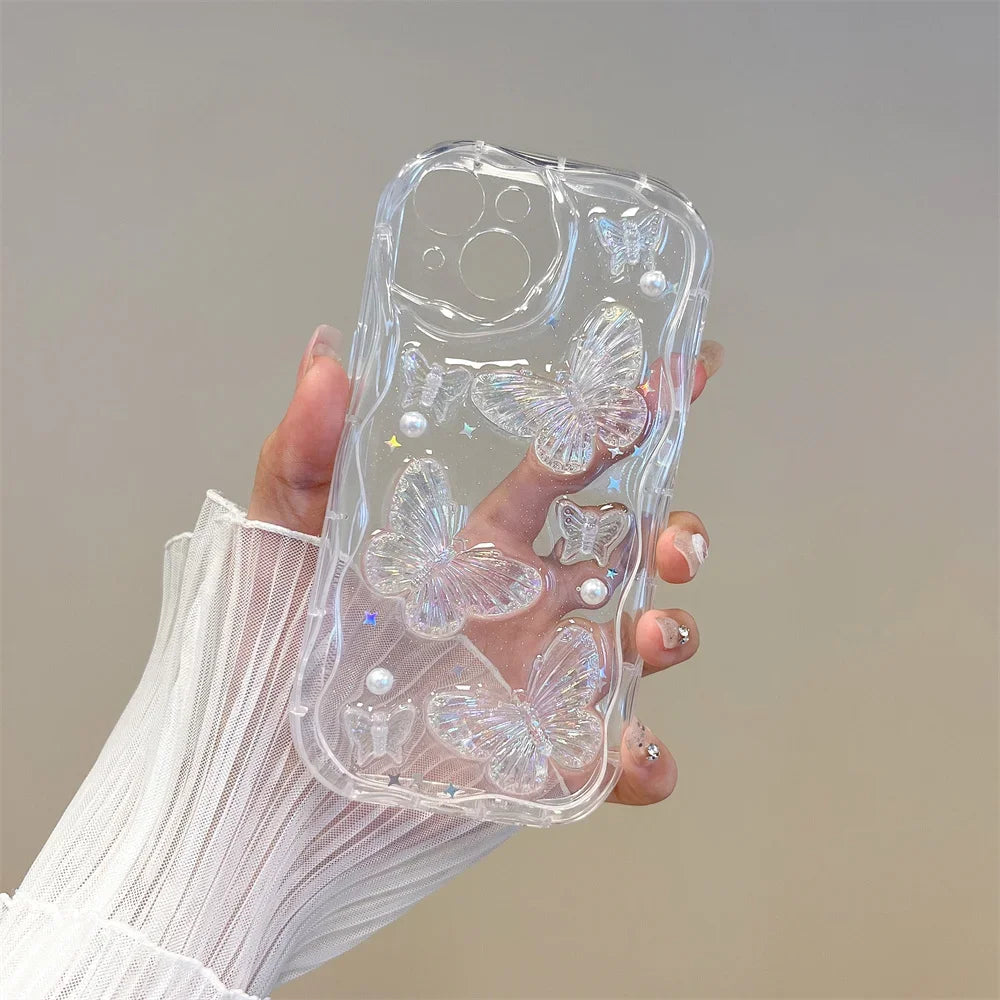 Discount 3D Butterfly Crystal Bling Glitter Clear Case For iPhone 15 14 Plus 13 12 11 16 Pro Max  XR XS Max Shining Star Pearl Wave Cover sale