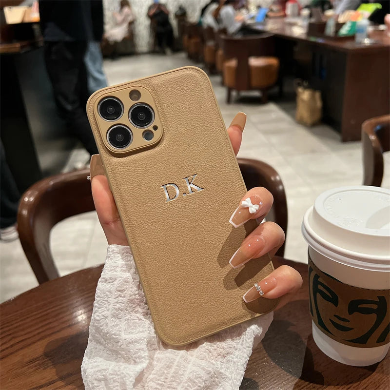 Personalized Luxury Leather DIY Case For iPhone 16 15 14 13 12 11 Pro Max Customized Name Initials Engraved Cover 15 Pro Max