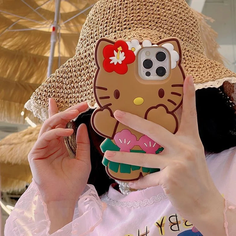 Cute 3D Cartoon Grass Skirts Sanrios Hello Kitty Phone Case for IPhone 16 15 14 13 12 11 Pro Max Silicone Soft Back Y2k Girl