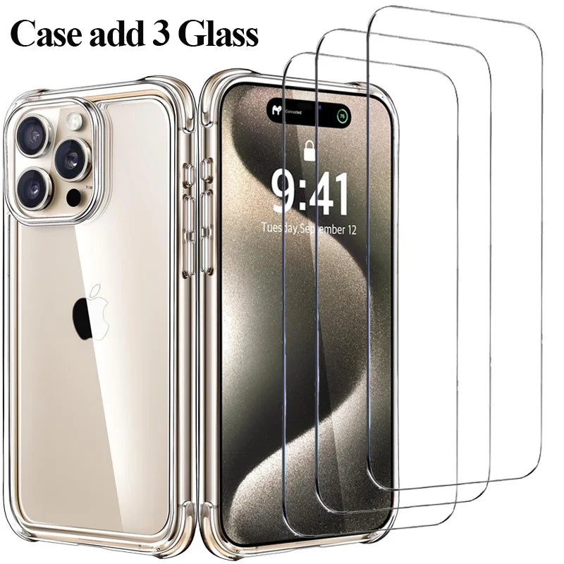 Discount Armor 9H Glass + Case for iphone 11 12 13 14 15 16 pro silicone cover iphone 15 pro max screen protector shockproof clear cases sale