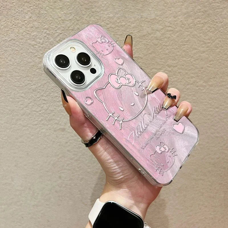 Original Pink Hello Kitty Phone Case for iPhone 16 15 14 Plus 13 12 11 Pro Max X Xs XR 8 Feather Texture Hard Cover with Holder