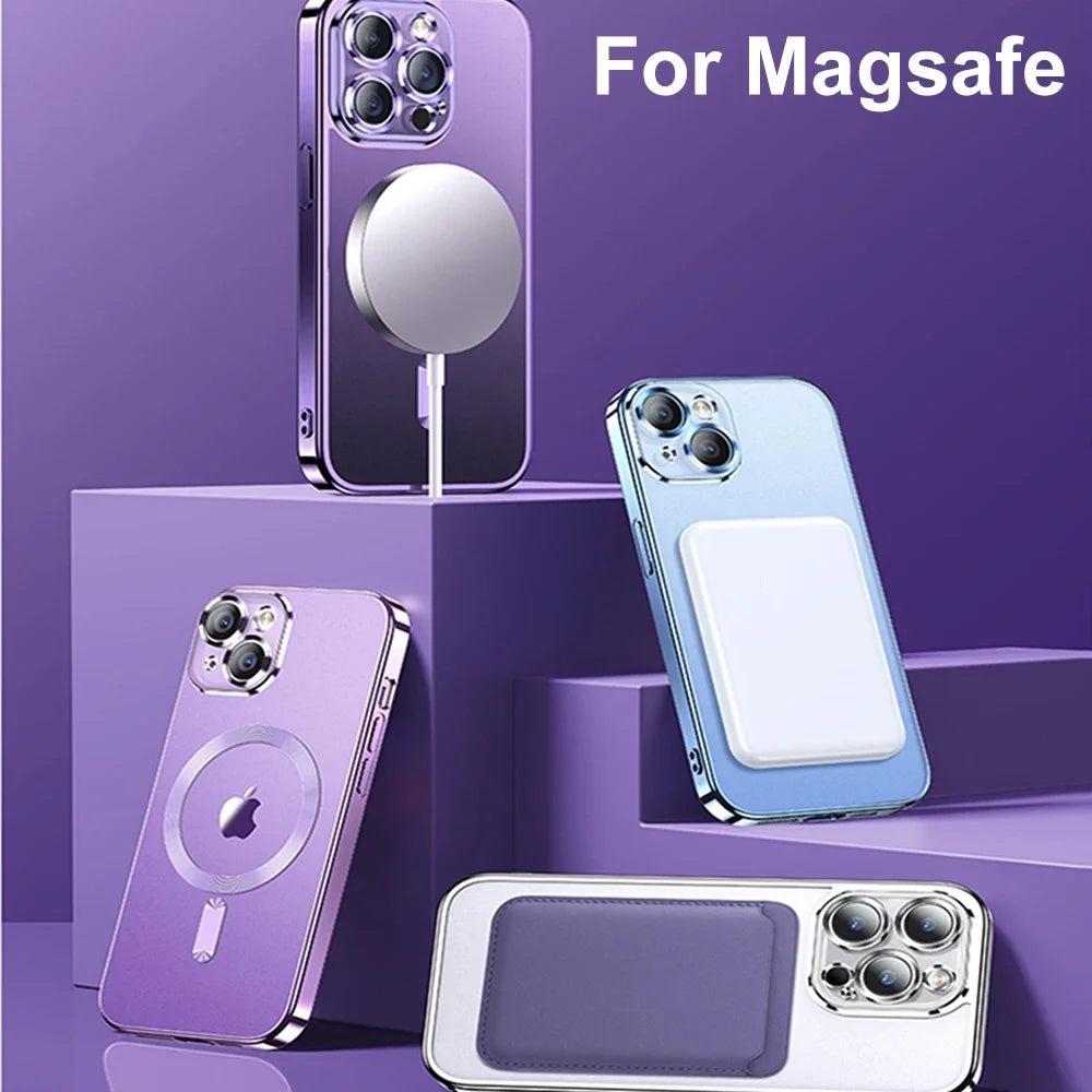 Magnetic Plating Case For iPhone 15 14 16 13 12 11 Pro Max With Camera Lens Protector Glass For Magsafe Wireless Charger Cover