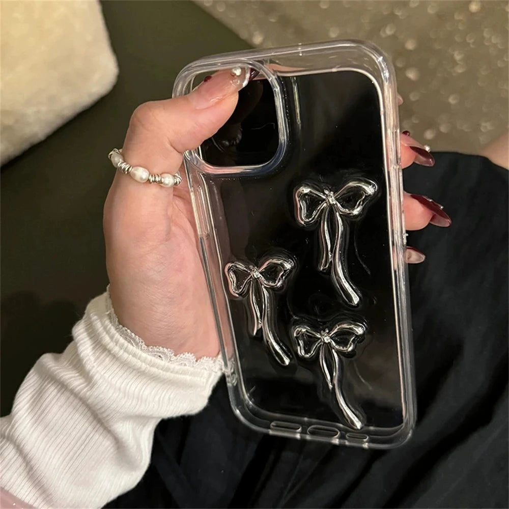 Aesthetics Stylish 3D Metal Bowknot Phone Case For iPhone 16 15 14 13 12 11 Pro Max Mini XR 7 8 Plus SE Clear Cover Epoxy Shell