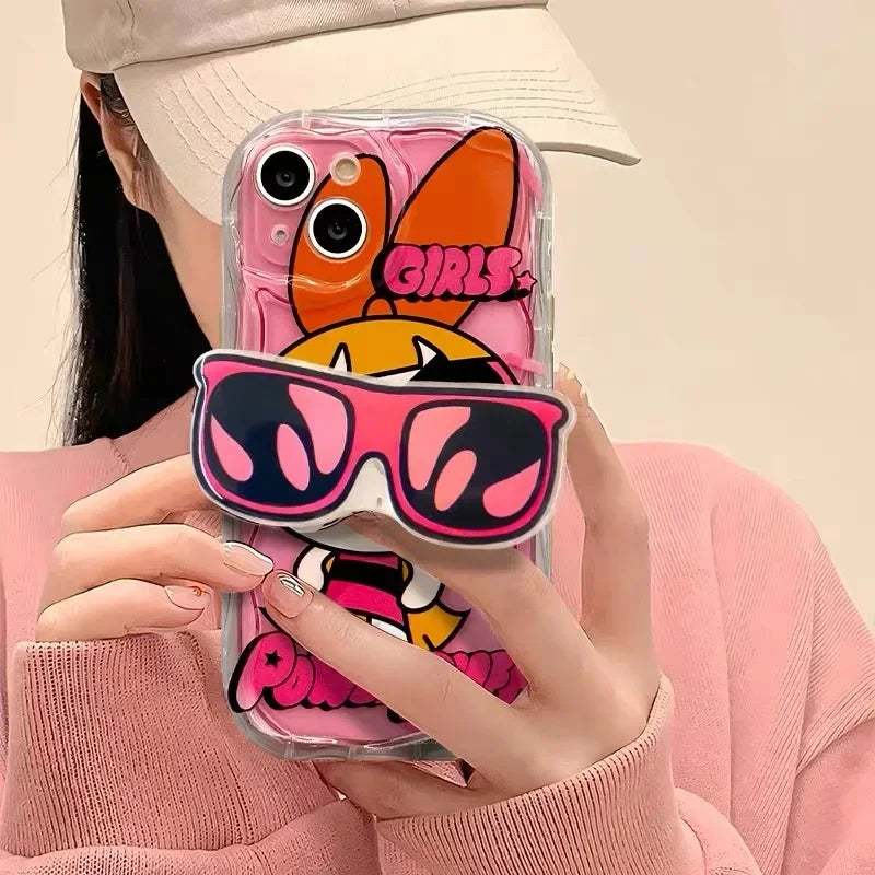 The Powerpuff Girls Glasses Stand Case for iPhone 15 14 11 Pro Max 13 12 Mini XR XS X 8 7 6 6S Plus SE 2020 Soft Silicone Cover