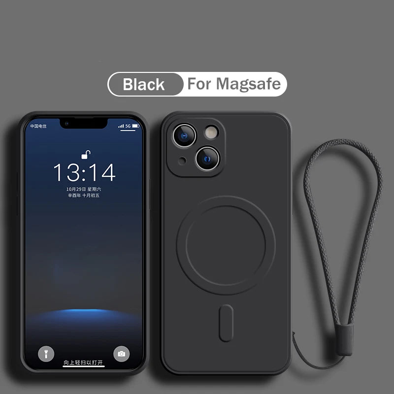 For Magsafe Magnetic Wireless Charge Case For iPhone 15 16 14 13 12 11 Pro Max Mini XR XS Plus Soft Liquid Silicone Strap Cover