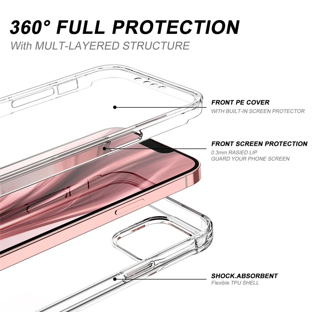 360 Full Protection Shockproof Transparent Phone Case For iPhone 16 15 14 11 12 13 Pro Max Double-sided Silicon TPU Back Cover