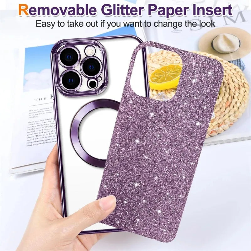 Electroplate With Lens Protector Case For iPhone 15 14 13 12 11 16 Pro Max Plus For Magsafe Wireless Charge Bumper Glitter Cover