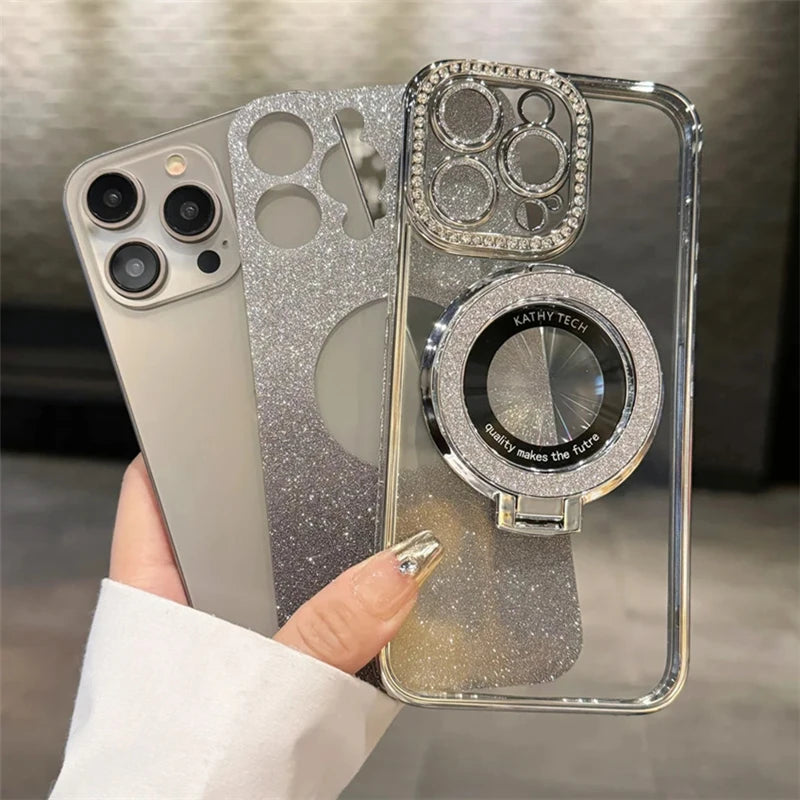 Luxury Plating For Magsafe Magnetic Stand Holder Glitter Diamond Case For iPhone 16 15 11 12 13 14 Pro Max Soft Silicone Cover