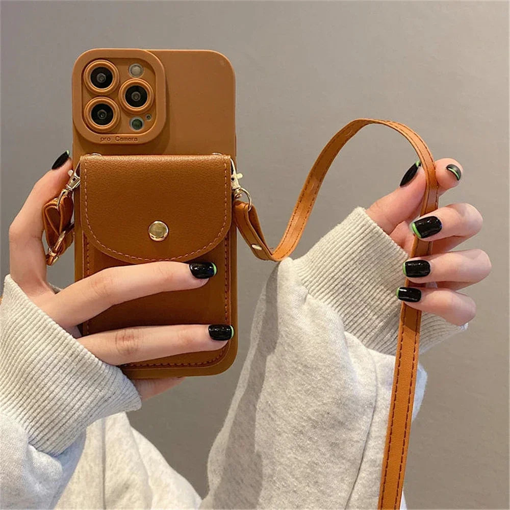 Luxury Wallet Leather Crossbody Neckband Lanyard Phone Case for iPhone 16 14 11 13 15 Pro Max Plus X XS XR SE2 Card Holder Cover