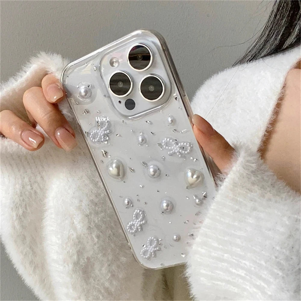 3D Pearl Bow Silver Foil Phone Case For iPhone 16 15 14 13 12 11 Pro Max 13Mini XS Max XR X 7 8 Plus Cute Clear Soft Back Cover