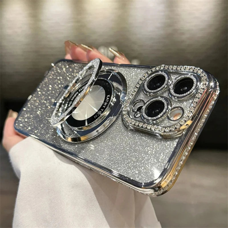 Luxury Plating For Magsafe Magnetic Stand Holder Glitter Diamond Case For iPhone 16 15 11 12 13 14 Pro Max Soft Silicone Cover