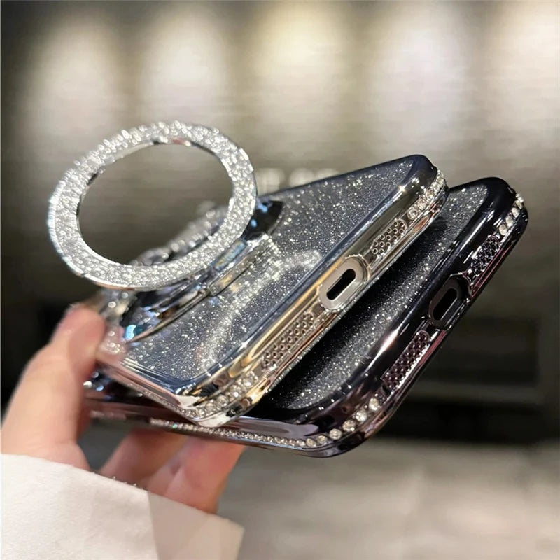 Luxury Plating For Magsafe Magnetic Stand Holder Glitter Diamond Case For iPhone 16 15 11 12 13 14 Pro Max Soft Silicone Cover