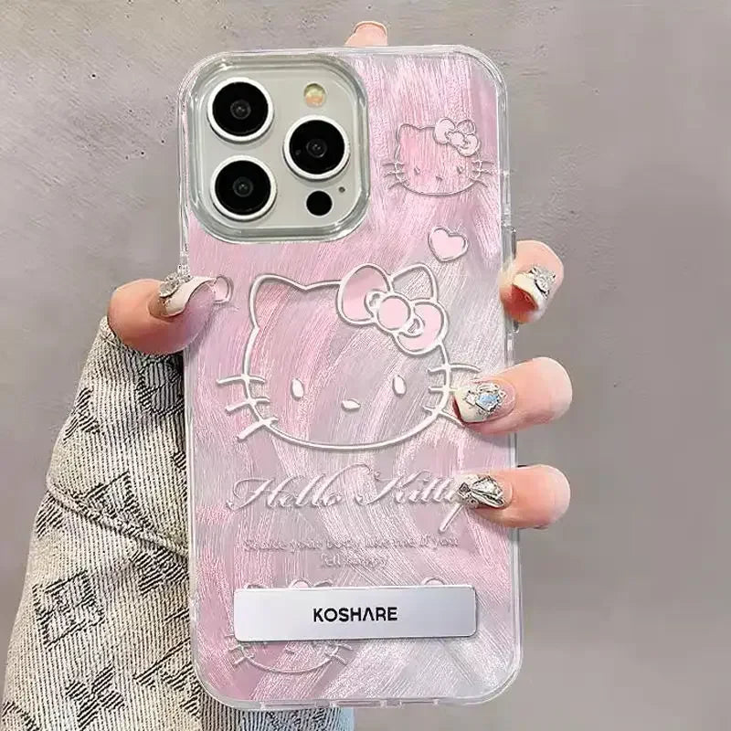 Original Pink Hello Kitty Phone Case for iPhone 16 15 14 Plus 13 12 11 Pro Max X Xs XR 8 Feather Texture Hard Cover with Holder