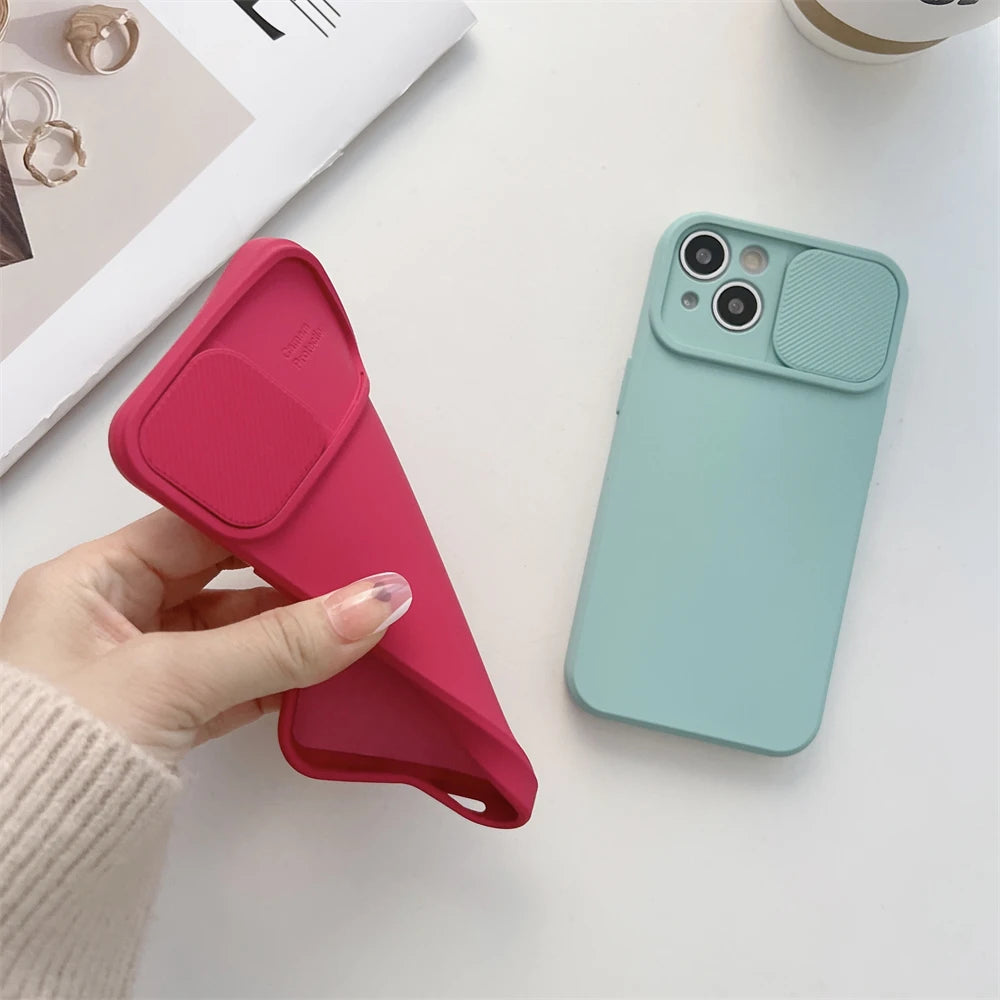 Slide Camera Protection Candy Color Soft Silicone Phone Case For iPhone 16 15 14 13 12 11 Pro XS Max X XR 7 8 Plus Bumper Cover