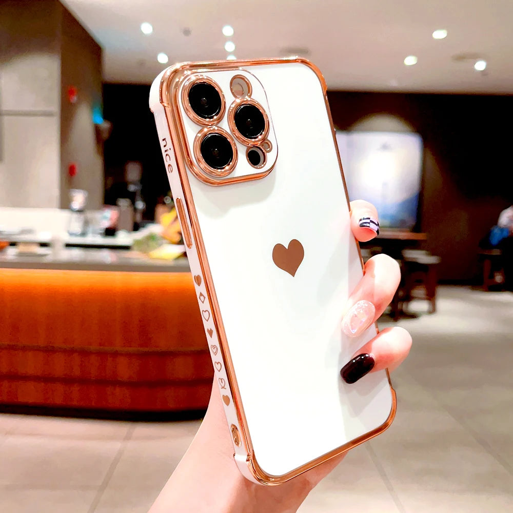 Plating Silicone Soft Case For iPhone 16 15 14 13 12 11 Pro Max XS X XR 8 7 Plus SE 2020 16Pro 15Pro iPhone15 Love Heart Cover