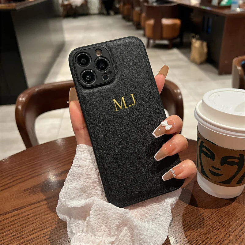 Personalized Leather Case For iPhone 16 15 14 Pro Pro Max 11 12 13 XS Max Customized Name Initials Cases 15 14 13 12 11 pro Max