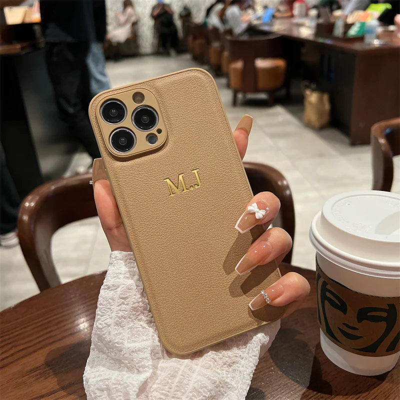 Personalized Leather Case For iPhone 16 15 14 Pro Pro Max 11 12 13 XS Max Customized Name Initials Cases 15 14 13 12 11 pro Max