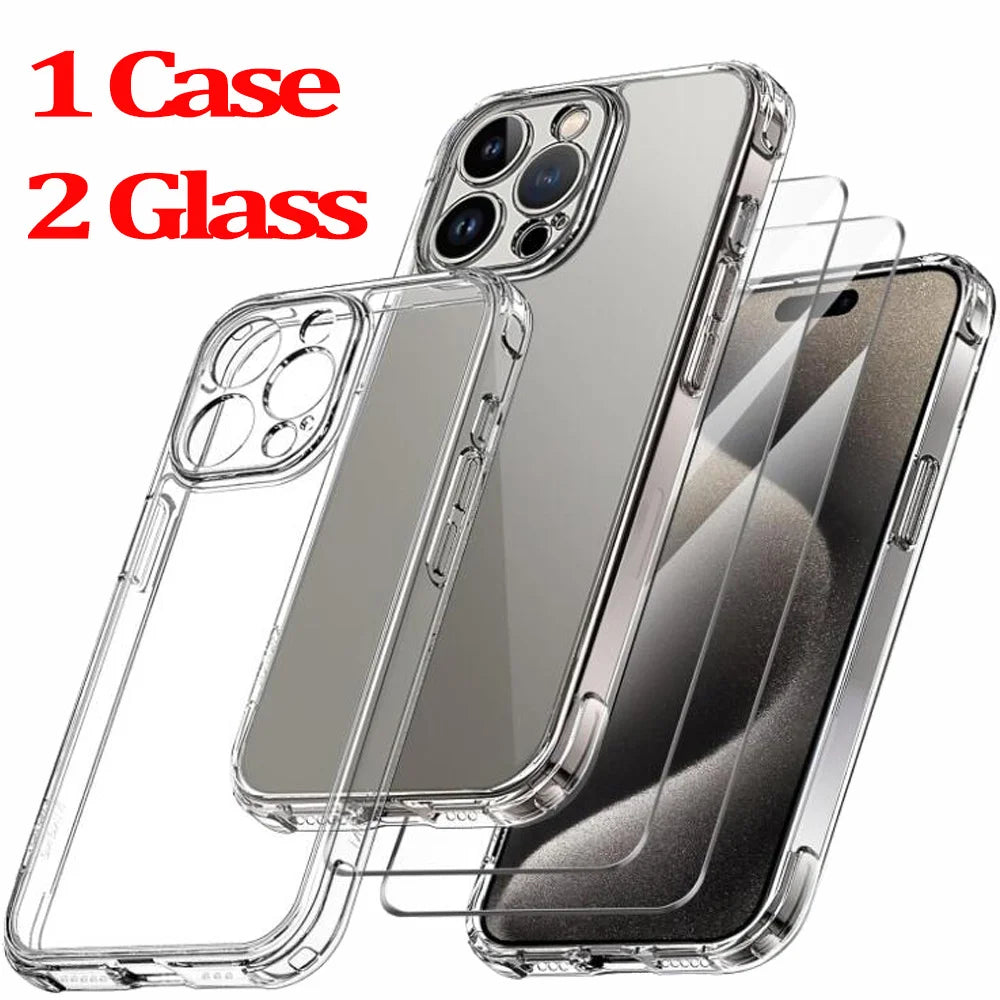 Discount For iPhone 16 15 Pro Max Phone Case & Screen Glass For iPhone 16 15 14 13 Mini 12 11 Pro Transparent Case iPhone16 Plus Cover sale