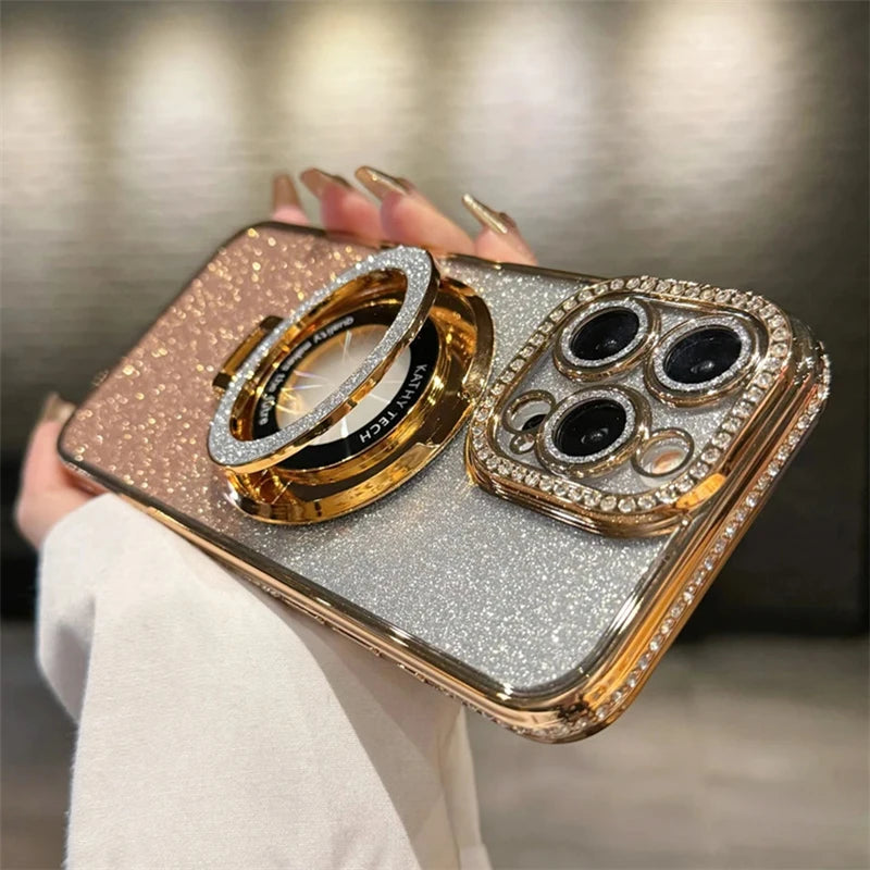 Luxury Plating For Magsafe Magnetic Stand Holder Glitter Diamond Case For iPhone 16 15 11 12 13 14 Pro Max Soft Silicone Cover