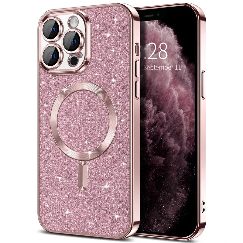 Electroplate With Lens Protector Case For iPhone 15 14 13 12 11 16 Pro Max Plus For Magsafe Wireless Charge Bumper Glitter Cover