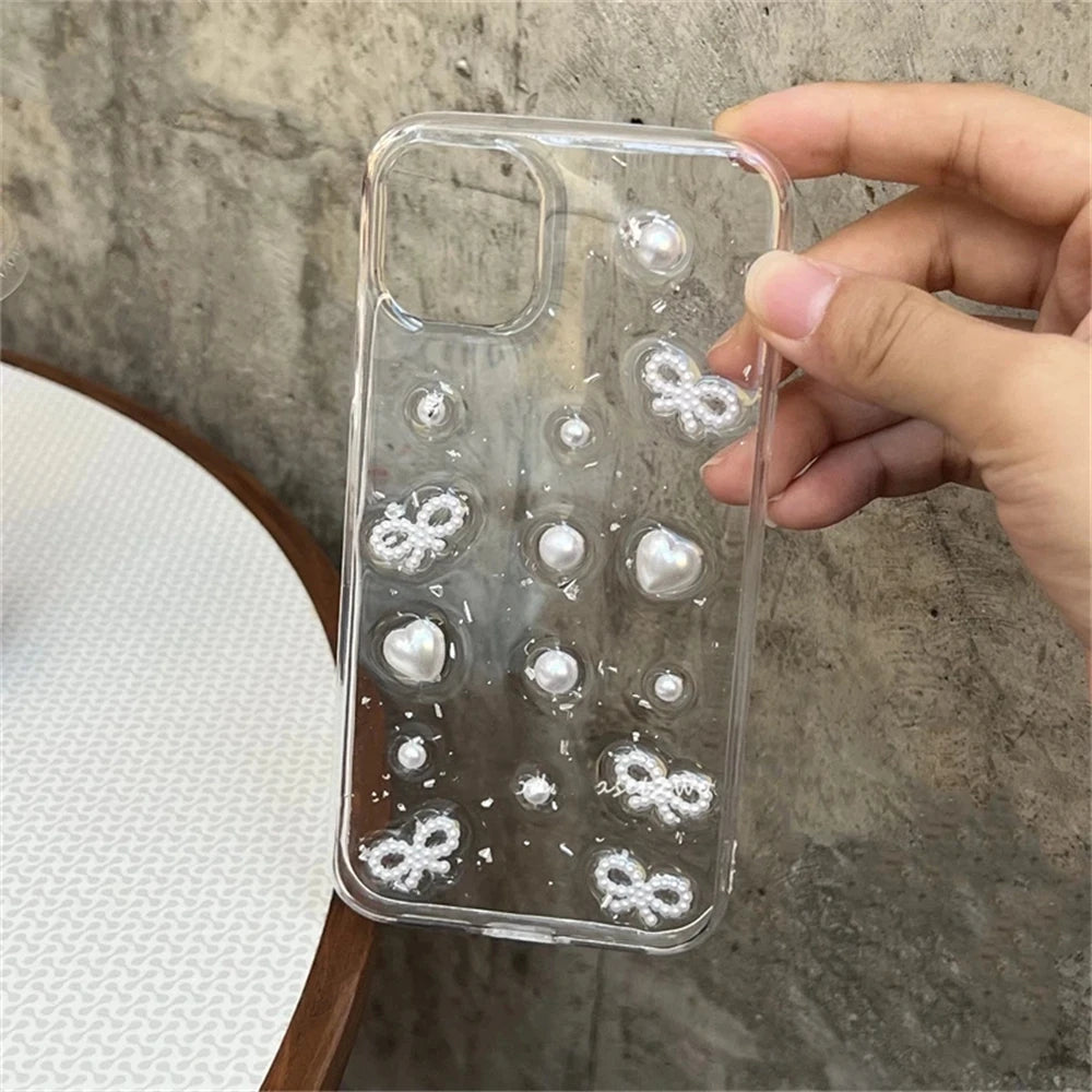 3D Pearl Bow Silver Foil Phone Case For iPhone 16 15 14 13 12 11 Pro Max 13Mini XS Max XR X 7 8 Plus Cute Clear Soft Back Cover