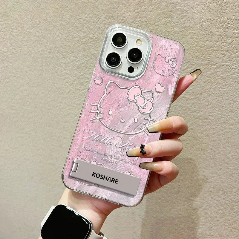 Original Pink Hello Kitty Phone Case for iPhone 16 15 14 Plus 13 12 11 Pro Max X Xs XR 8 Feather Texture Hard Cover with Holder