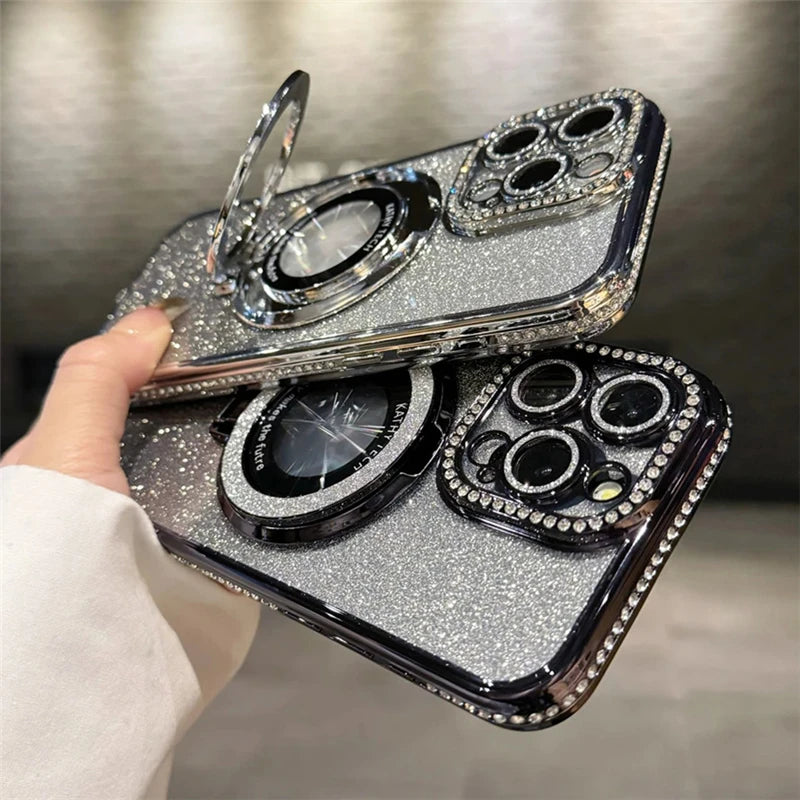 Luxury Plating For Magsafe Magnetic Stand Holder Glitter Diamond Case For iPhone 16 15 11 12 13 14 Pro Max Soft Silicone Cover