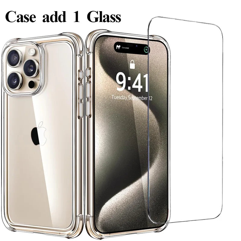 Armor 9H Glass + Case for iphone 11 12 13 14 15 16 pro silicone cover iphone 15 pro max screen protector shockproof clear cases